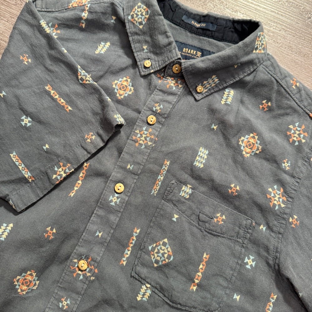 Roark Shirt Mens Small Gray Geometric Southwestern Cotton Short Sleeve Adventure